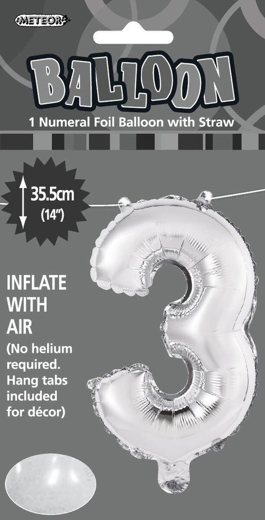 Silver "3" Foil Balloon - 14 Inch (35cm) Number Three Birthday Decoration for Parties & Celebrations