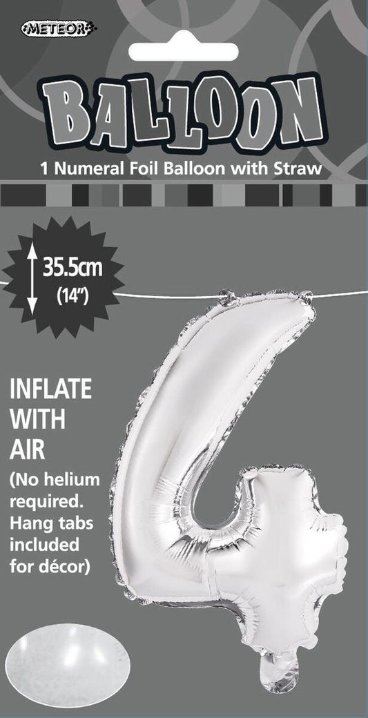 Silver "4" Foil Balloon - 14 Inch (35cm) Number Four Birthday Decoration for Parties & Celebrations