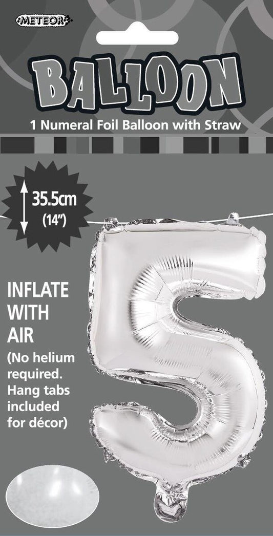 Silver "5" Foil Balloon - 14 Inch (35cm) Number Five Birthday Decoration for Parties & Celebrations
