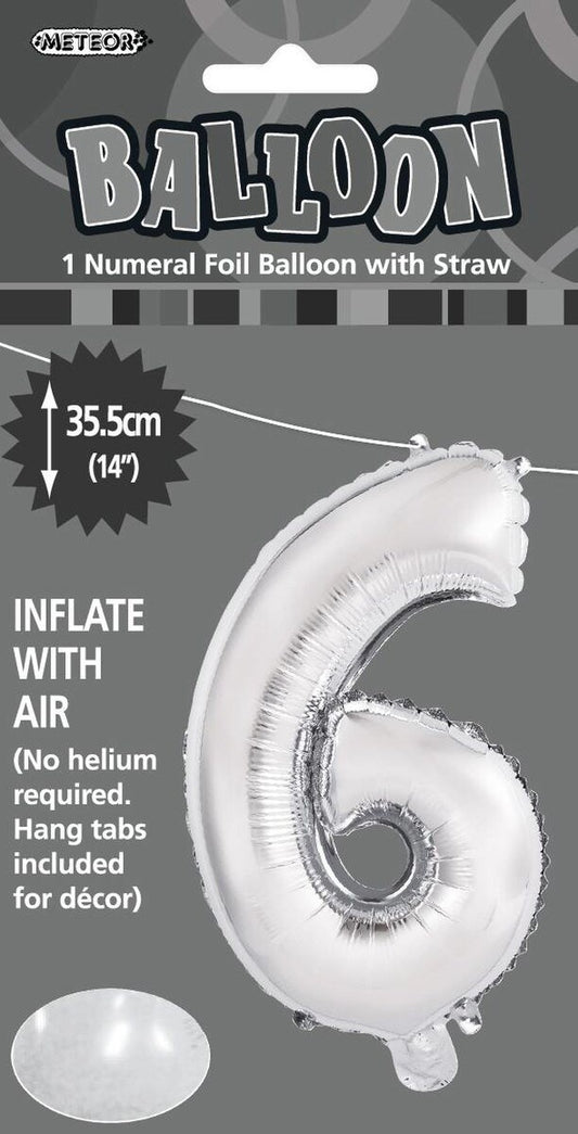 Silver "6" Foil Balloon - 14 Inch (35cm) Number Six Birthday Decoration for Parties & Celebrations