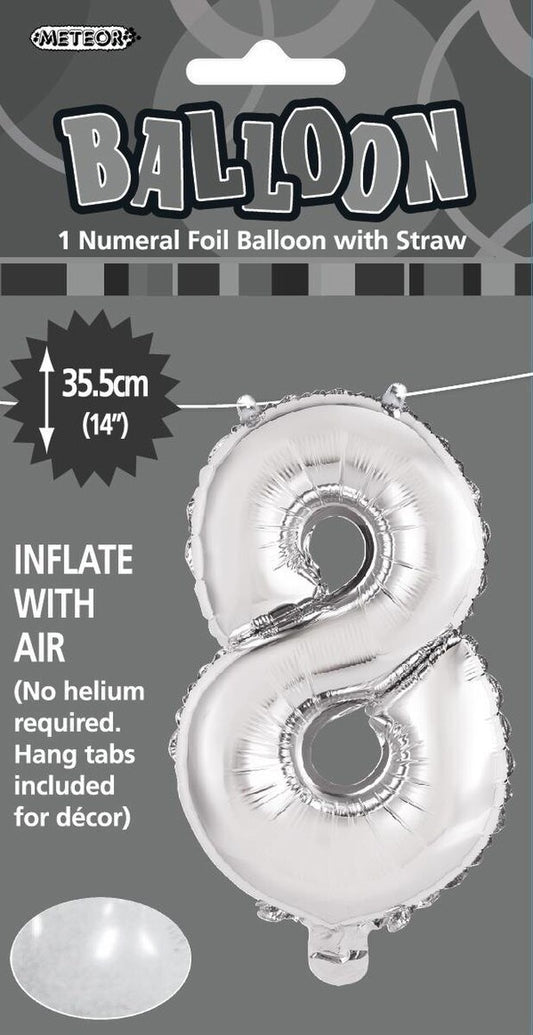 Silver "8" Foil Balloon - 14 Inch (35cm) Number Eight Birthday Decoration for Parties & Celebrations