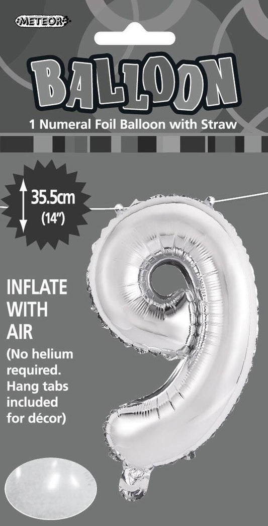 Silver "9" Foil Balloon - 14 Inch (35cm) Number Nine Birthday Decoration for Parties & Celebrations