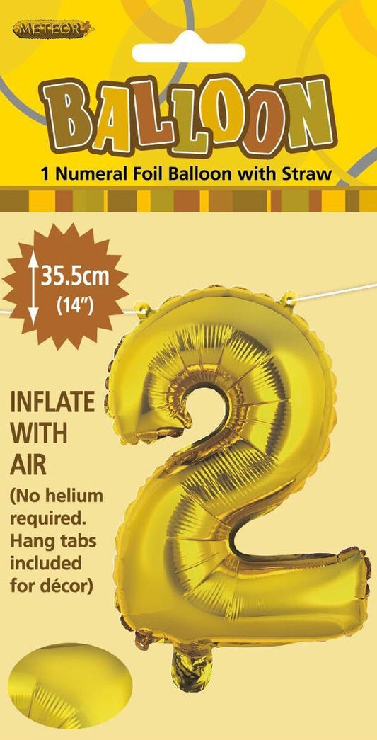 14 Inch Gold Number 2 Foil Balloon - Air Filled Only Party Decor for Birthdays, Anniversaries, Milestones