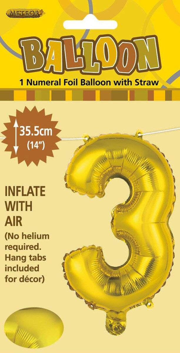 14 Inch Gold Number 3 Foil Balloon - Air Filled Only for Birthdays, Anniversaries, Milestone Celebrations