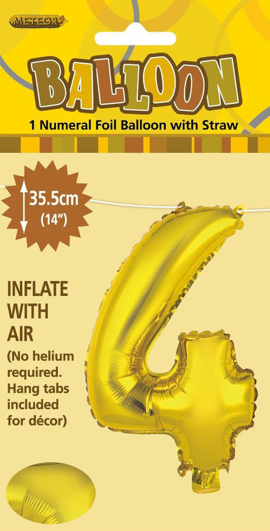 14 Inch Gold Number 4 Foil Balloon - Air Filled Only for Birthdays, Anniversaries, Milestone Celebrations