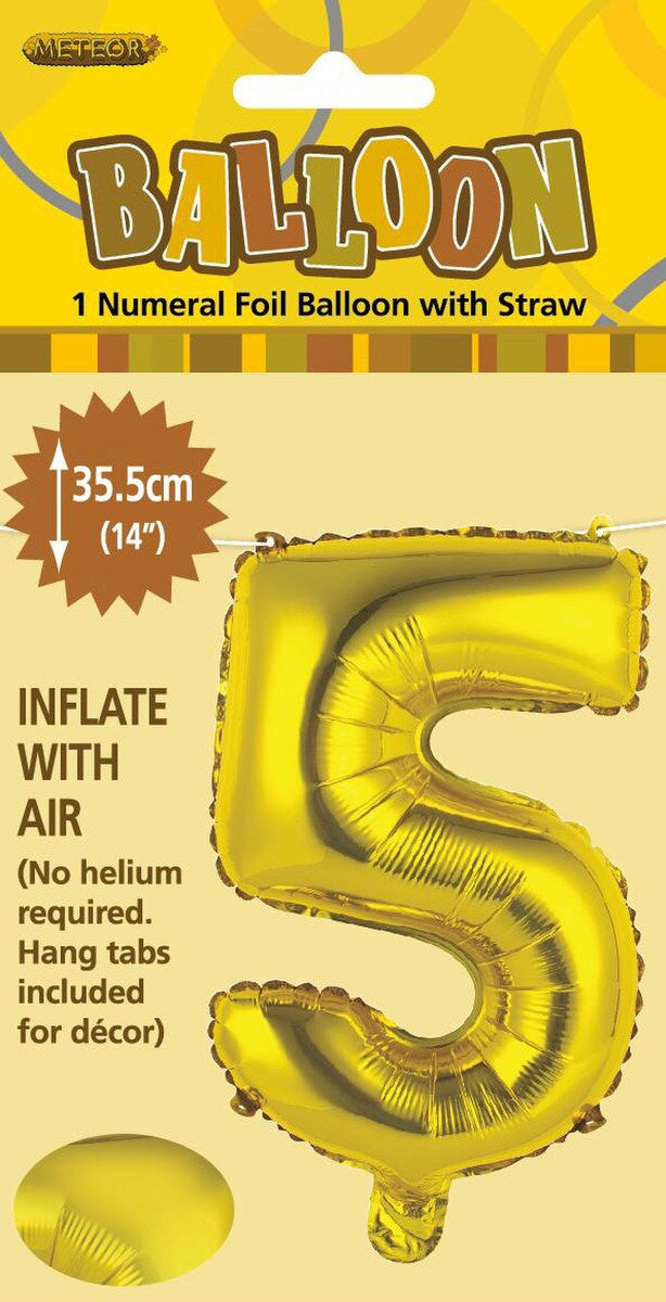 14 Inch Gold Number 5 Foil Balloon - Air Filled Only for Birthdays, Anniversaries, Milestone Celebrations