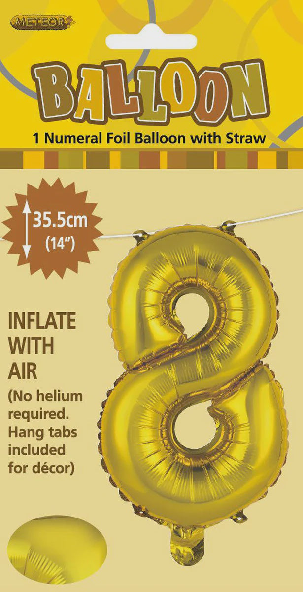 14 Inch Gold Number 8 Foil Balloon - Air Filled Only for Birthdays, Anniversaries, Milestone Celebrations
