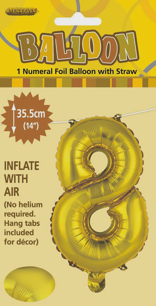 14 Inch Gold Number 8 Foil Balloon - Air Filled Only for Birthdays, Anniversaries, Milestone Celebrations