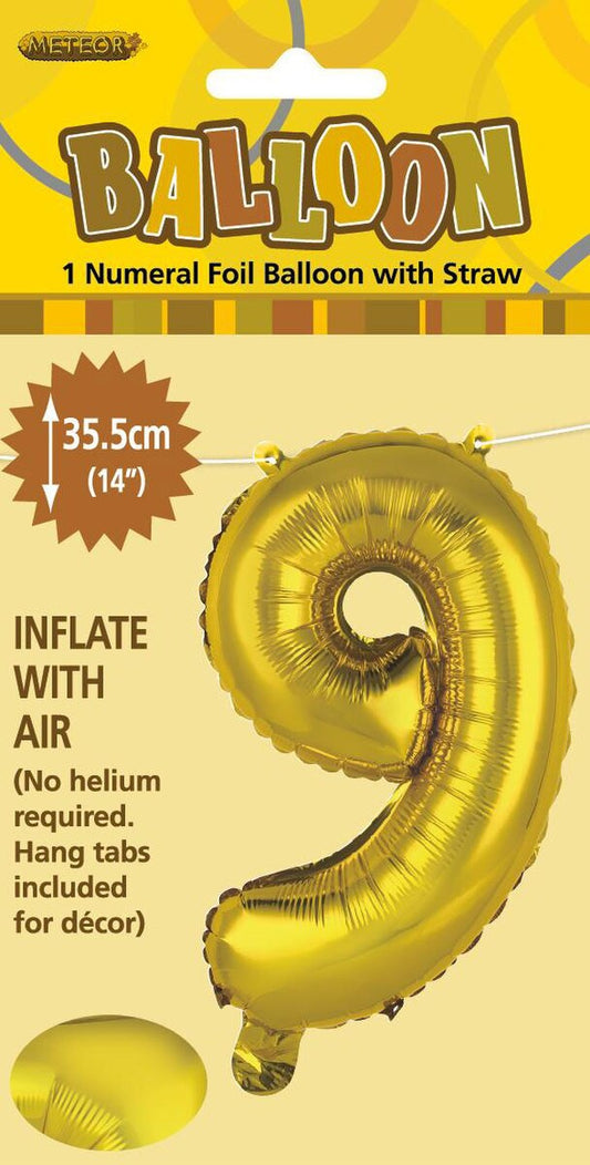14 Inch Gold Number 9 Foil Balloon - Air Filled Only for Birthdays, Anniversaries, Milestone Celebrations