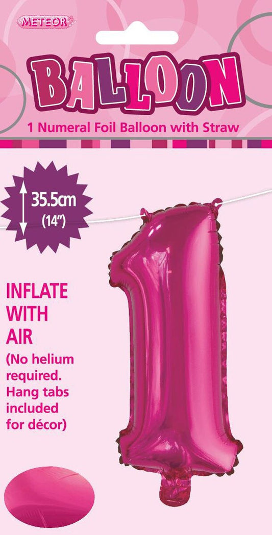 Hot Pink "1" Foil Balloon - 14 Inch (35cm) Number One Birthday Decoration for Parties & Celebrations