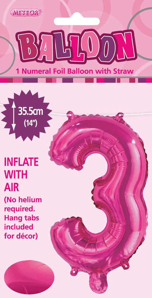 Hot Pink "3" Foil Balloon - 14 Inch (35cm) Number Three Birthday Decoration for Parties & Celebrations