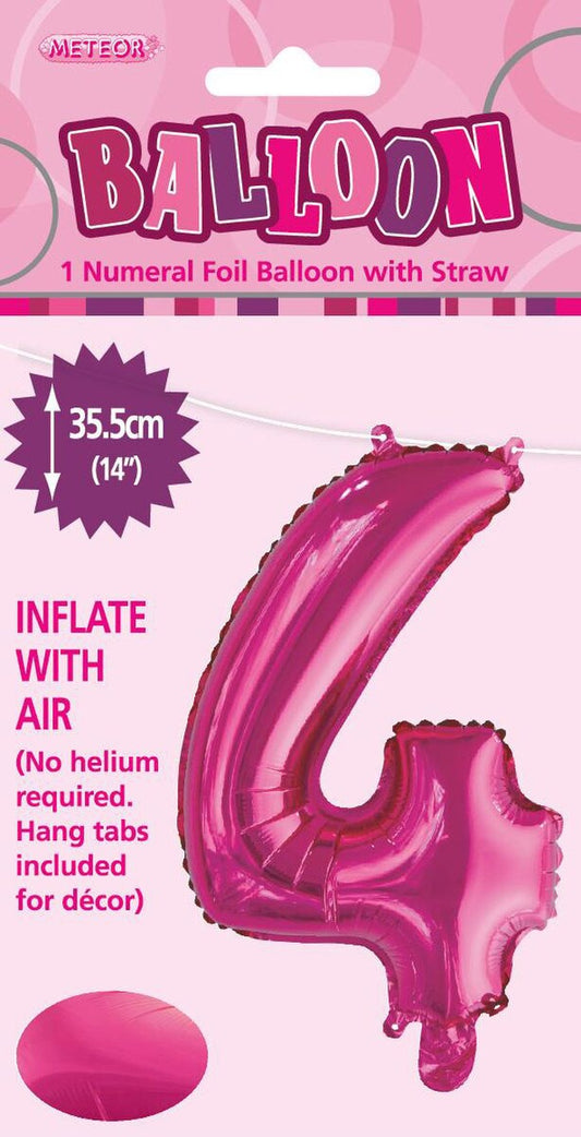 Hot Pink "4" Foil Balloon - 14 Inch (35cm) Number Four Birthday Decoration for Parties & Celebrations