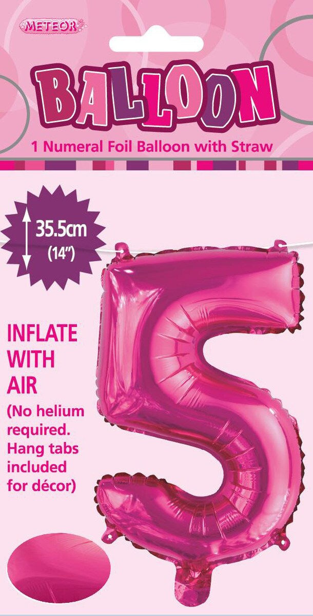 Hot Pink "5" Foil Balloon - 14 Inch (35cm) Number Five Birthday Decoration for Parties & Celebrations