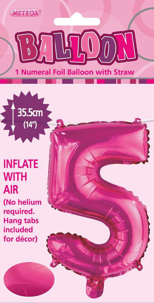 Hot Pink "5" Foil Balloon - 14 Inch (35cm) Number Five Birthday Decoration for Parties & Celebrations