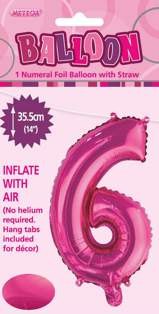 Hot Pink "6" Foil Balloon - 14 Inch (35cm) Number Six Birthday Decoration for Parties & Celebrations