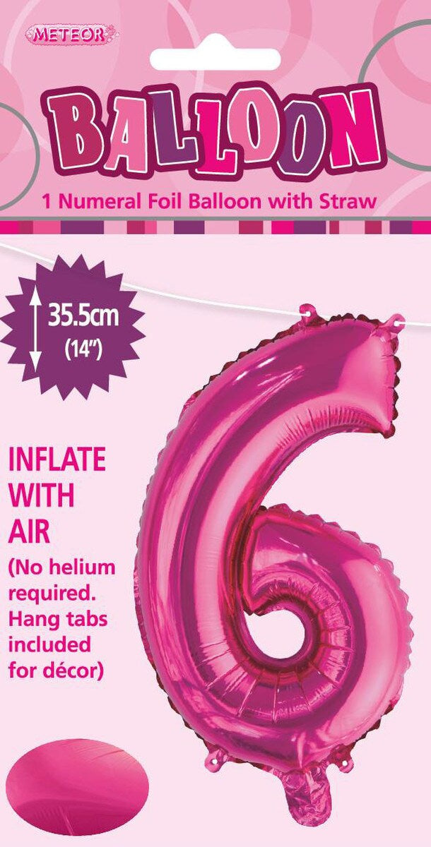 Hot Pink "6" Foil Balloon - 14 Inch (35cm) Number Six Birthday Decoration for Parties & Celebrations