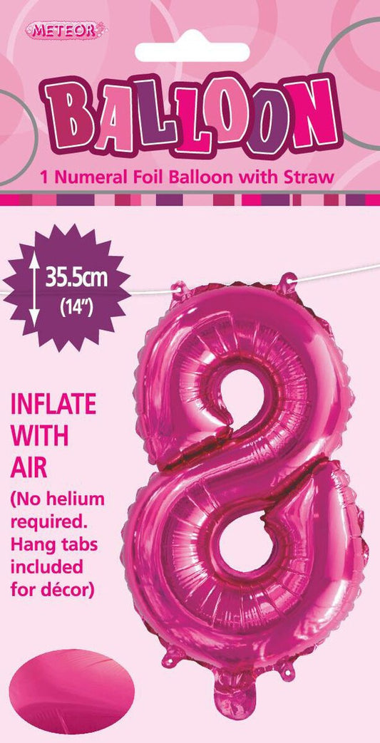 Hot Pink "8" Foil Balloon - 14 Inch (35cm) Number Eight Birthday Decoration for Parties & Celebrations