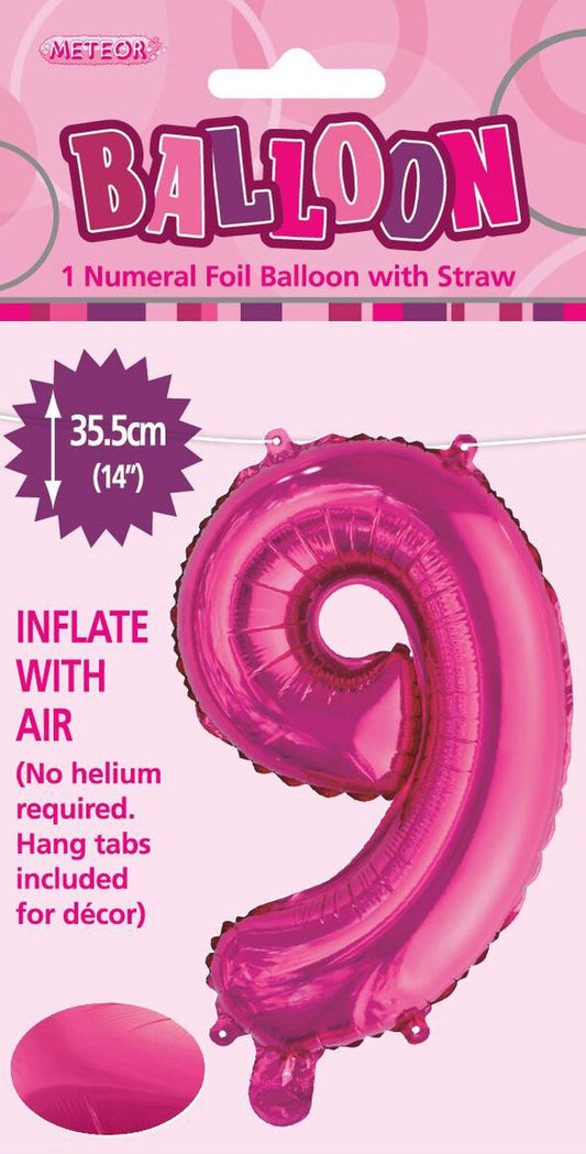 Hot Pink "9" Foil Balloon - 14 Inch (35cm) Number Nine Birthday Decoration for Parties & Celebrations