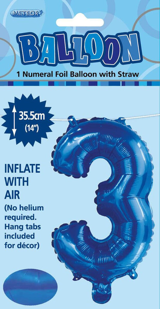 Royal Blue "3" Foil Balloon - 14 Inch (35cm) Number Three Birthday Decoration for Parties & Celebrations