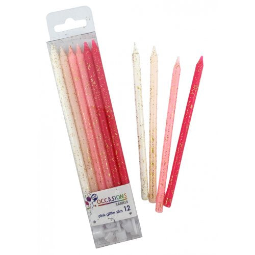 Pinks Glitter Slim Candles 120mm with Holders Box12