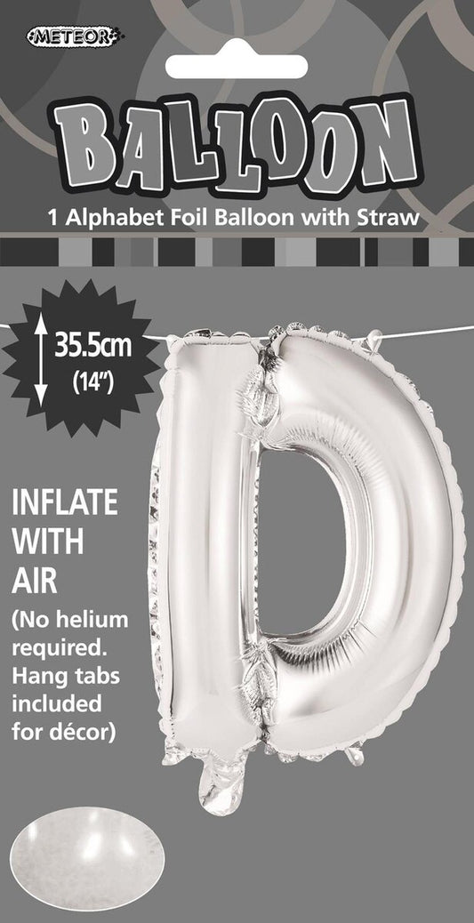 Silver "D" Alphabet Foil Balloon 35cm (14")