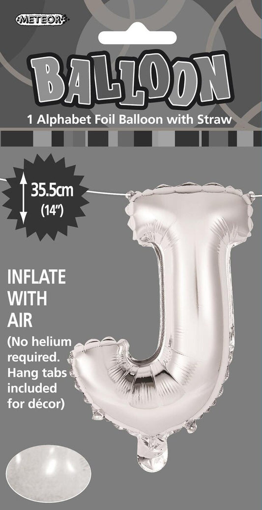 Silver "J" Alphabet Foil Balloon 35cm (14")