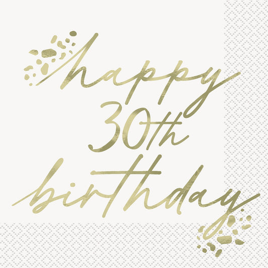 Gold Happy 30th Birthday Foil Stamped Beverage Napkins 25.4cm 16 Pack