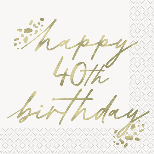 Gold Happy 40th Birthday Foil Stamped Beverage Napkins 25.4cm 16 Pack