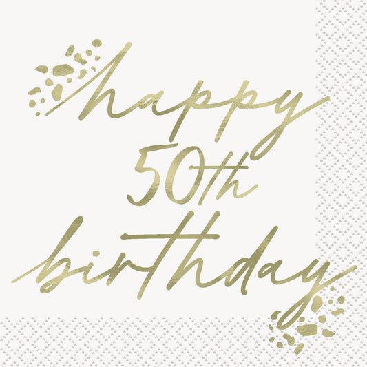 Gold Happy 50th Birthday Foil Stamped Beverage Napkins 25.4cm 16 Pack