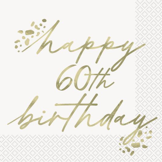 Gold Happy 60th Birthday Foil Stamped Beverage Napkins 25.4cm 16 Pack