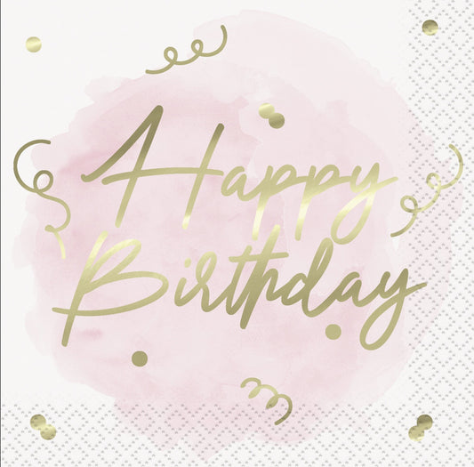 Blush Happy Birthday Foil Stamped Luncheon Napkins 33cm 16 Pack