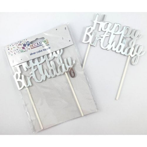 Happy Birthday Cake Topper Metallic Silver