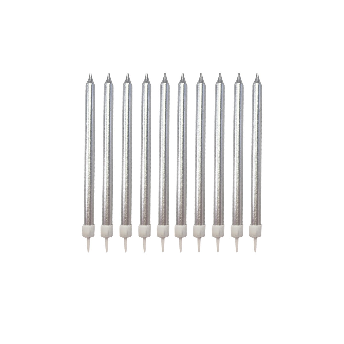 Silver Metallic Birthday Cake Candles with Holders 12.5cm – 12 Pack