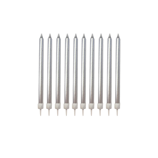 Silver Metallic Birthday Cake Candles with Holders 12.5cm – 12 Pack