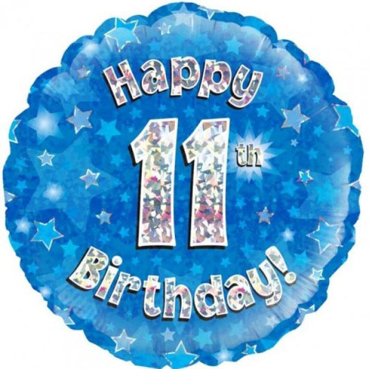 Blue Holographic Happy 11th Birthday Foil Balloon 18"(45cm)
