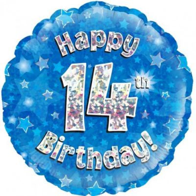 Foil Balloon 18"(45cm) Blue Holographic Happy 14th Bday