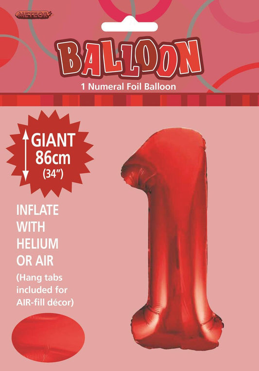 Red "1" Numeral Foil Balloon 86cm (34")