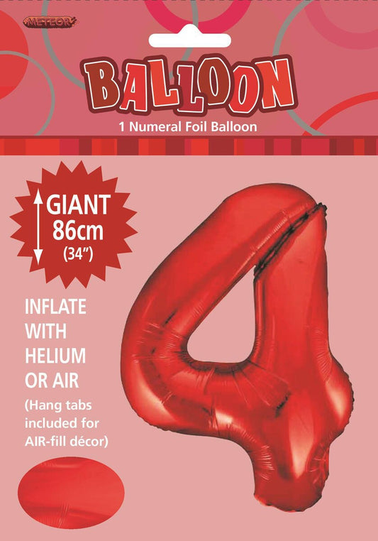 Red "4" Numeral Foil Balloon 86cm (34")