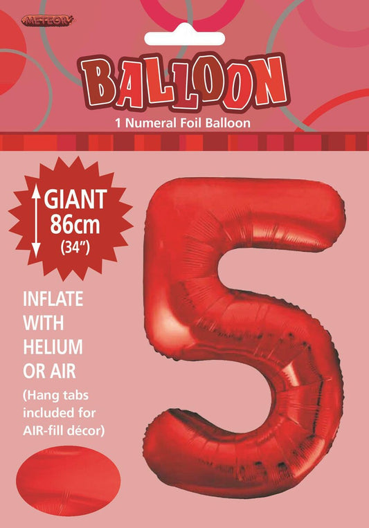 Red "5" Numeral Foil Balloon 86cm (34")