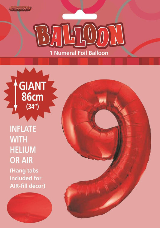 Red "9" Numeral Foil Balloon 86cm (34")