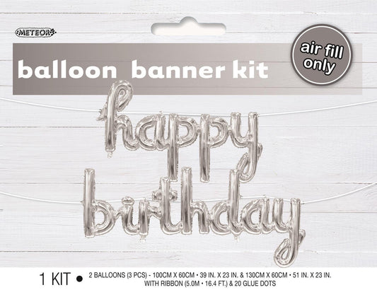 HAPPY BIRTHDAY FOIL BALLOON BANNER-SILVER