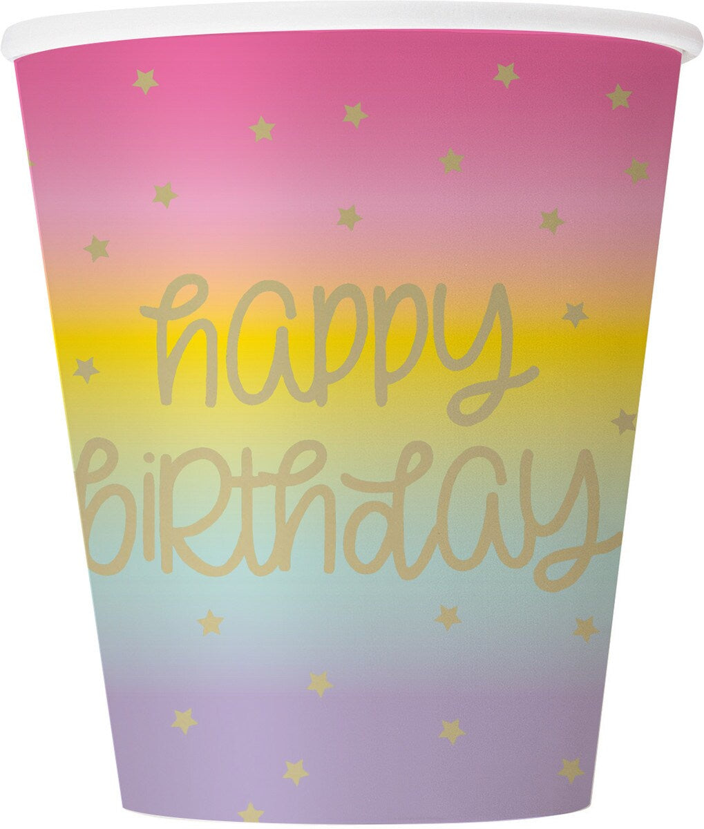 Rainbow Star Happy Birthday 270ml (9oz) Foil Stamped Paper Cups Pack of 8