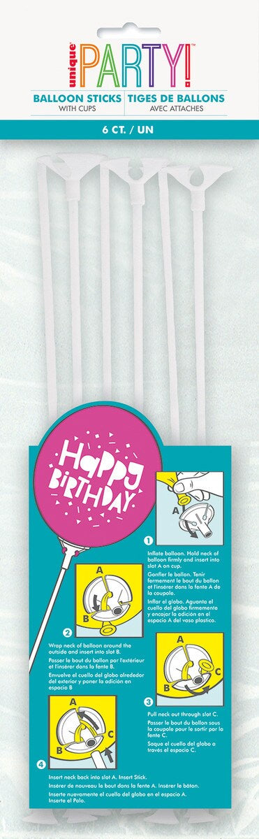 6 Balloon Sticks and Cups – White