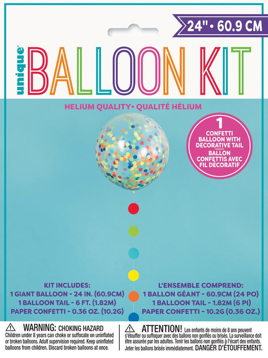 Clear 60.9 (24") Balloon With Multi Coloured Confetti & Dots Tail