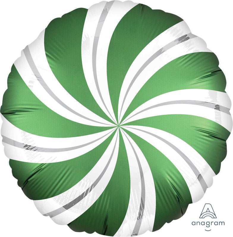 45cm Standard Satin Green Candy Cane Swirls – Self-Sealing Foil Balloon
