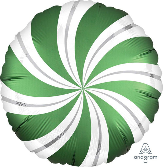 45cm Standard Satin Green Candy Cane Swirls – Self-Sealing Foil Balloon