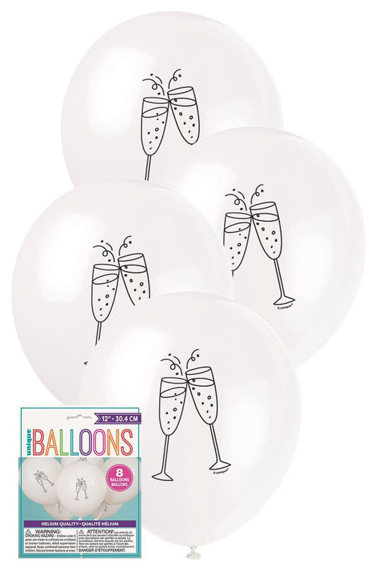 White Latex Balloons with Champagne Glass Print – 30cm (12") – Pack of 6