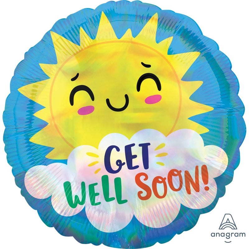 45cm Foil Balloon Holographic Iridescent Get Well Soon Happy Sun