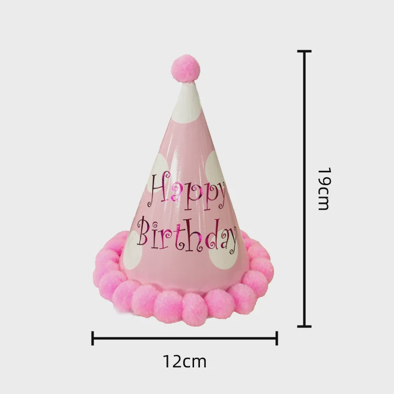 Pom Pom Happy Birthday Party Hat – Pink (12 x 19cm)