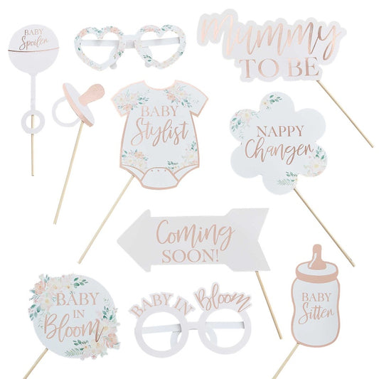 Baby in Bloom Photobooth Props – Rose Gold Foiled – 10 Photo Booth Props for Baby Shower, Gender Reveal, and Milestone Celebrations – Various Sizes (8cm-22cm W x 9cm-17cm H)